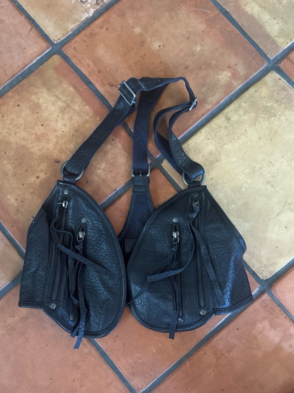 Free People Black Leather Double Pocket Crossbody Bag